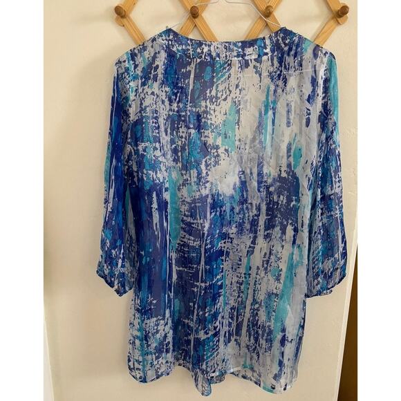 Soft Surroundings Top Women's Large 100% Silk Blue Tunic Blouse V Neck Sheer - Picture 8 of 8